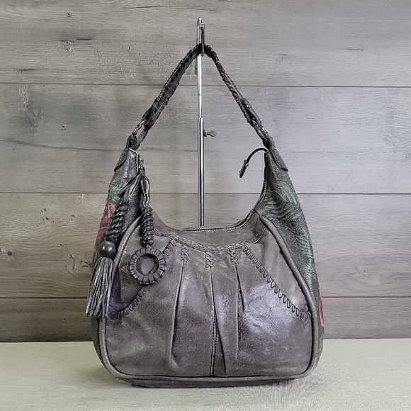 Lockheart Handbags - Lockheart Gray Leather Rose Shoulder Bag Hobo Handbag Tore Satchel